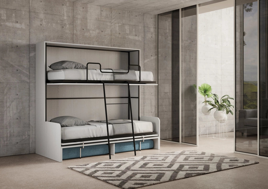 Letto Doppio A Scomparsa Kando Con Divano Bianco Frassino e Azzurro