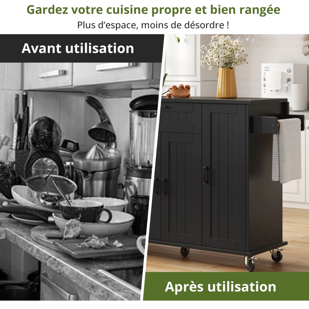 Carrello da cucina 120x45x95 cm con piano ribaltabile e 5 ruote in MDF; nero