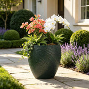 Vaso da fiori in ceramica Ø 46 cm alto 53 cm con rilievo a rombi verde scuro lucido per giardino e terrazza