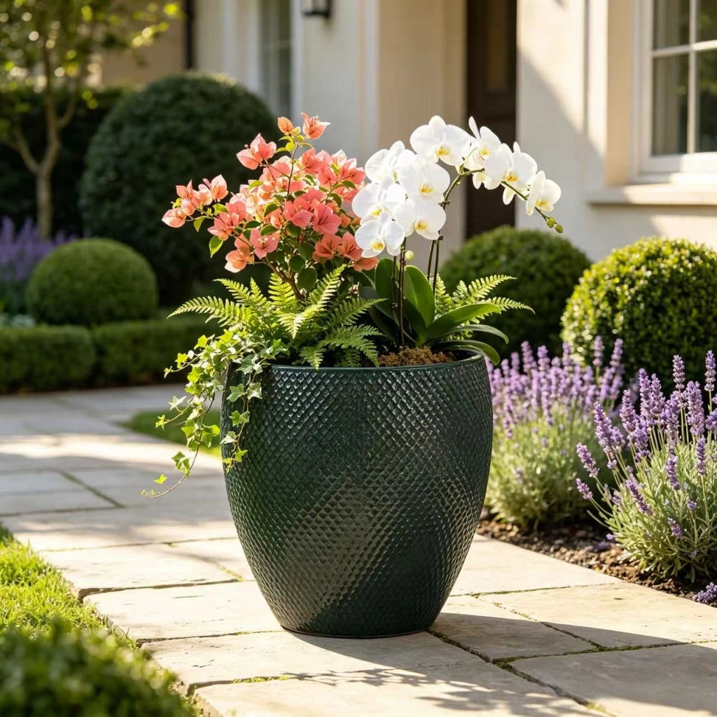 Vaso da fiori in ceramica Ø 46 cm alto 53 cm con rilievo a rombi verde scuro lucido per giardino e terrazza