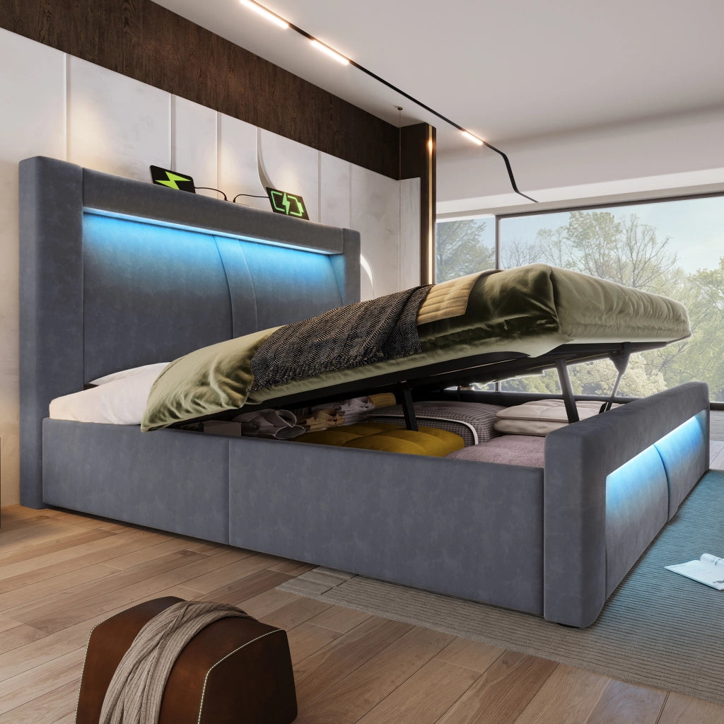 Letto 140x200 cm con contenitore; LED e ricarica USB in velluto grigio
