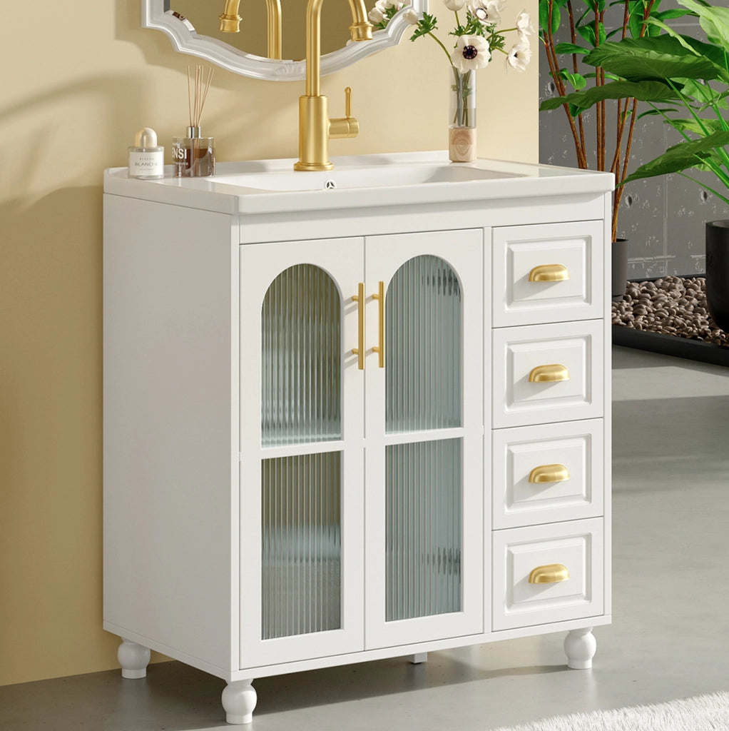 Mobile bagno con lavabo in ceramica bianco 80 cm con armadietto e cassetti