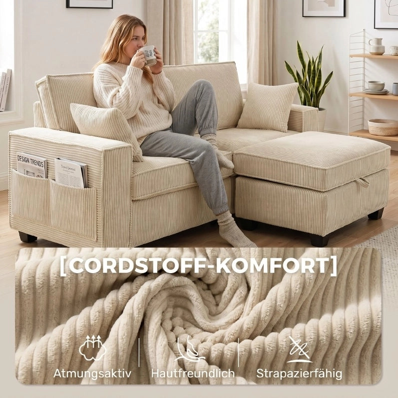 Divano modulare 3 posti in velluto a coste beige con pouf contenitore