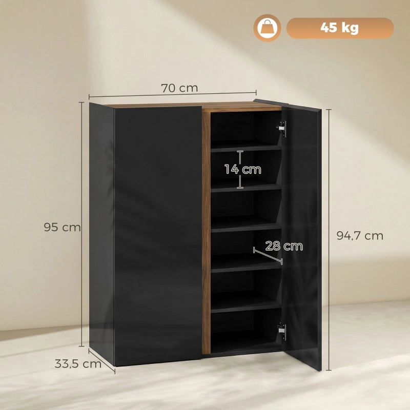 Scarpiera a 6 livelli nera lucida con chiusura soft-close e design senza maniglie
