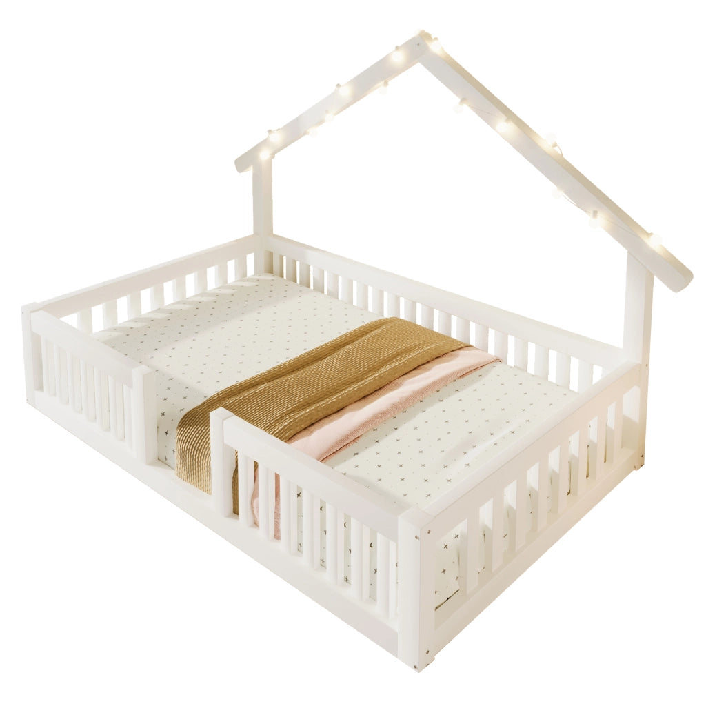 Letto Casetta per Bambini 90x200 cm con Sponde di Sicurezza; LED; Bianco