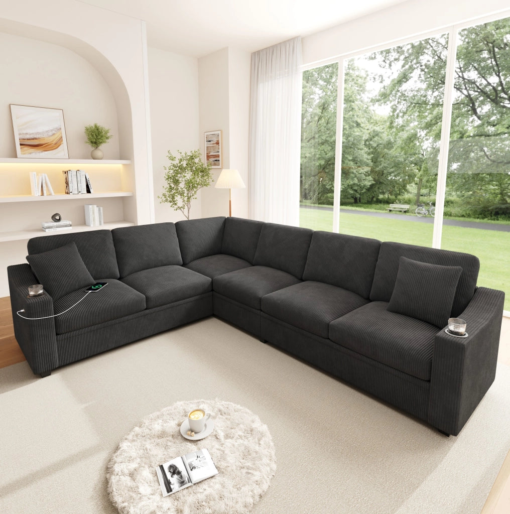 Divano angolare modulare a L 277x215 cm in tessuto corduroy grigio; 6-7 posti con 2 cuscini