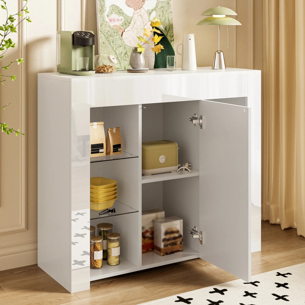 Buffet moderno bianco con ante lucide, ripiani in vetro e anta, 95x35x83 cm, per soggiorno, sala da pranzo o cucina