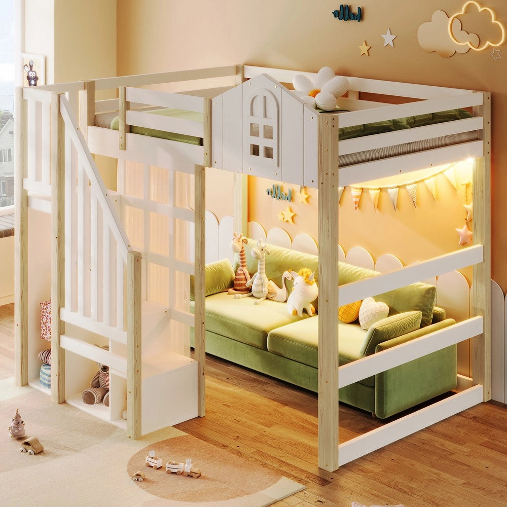 Letto a soppalco ¨C Minimal ¨C 140x200cm, bianco, legno pino, con luci LED, senza materasso