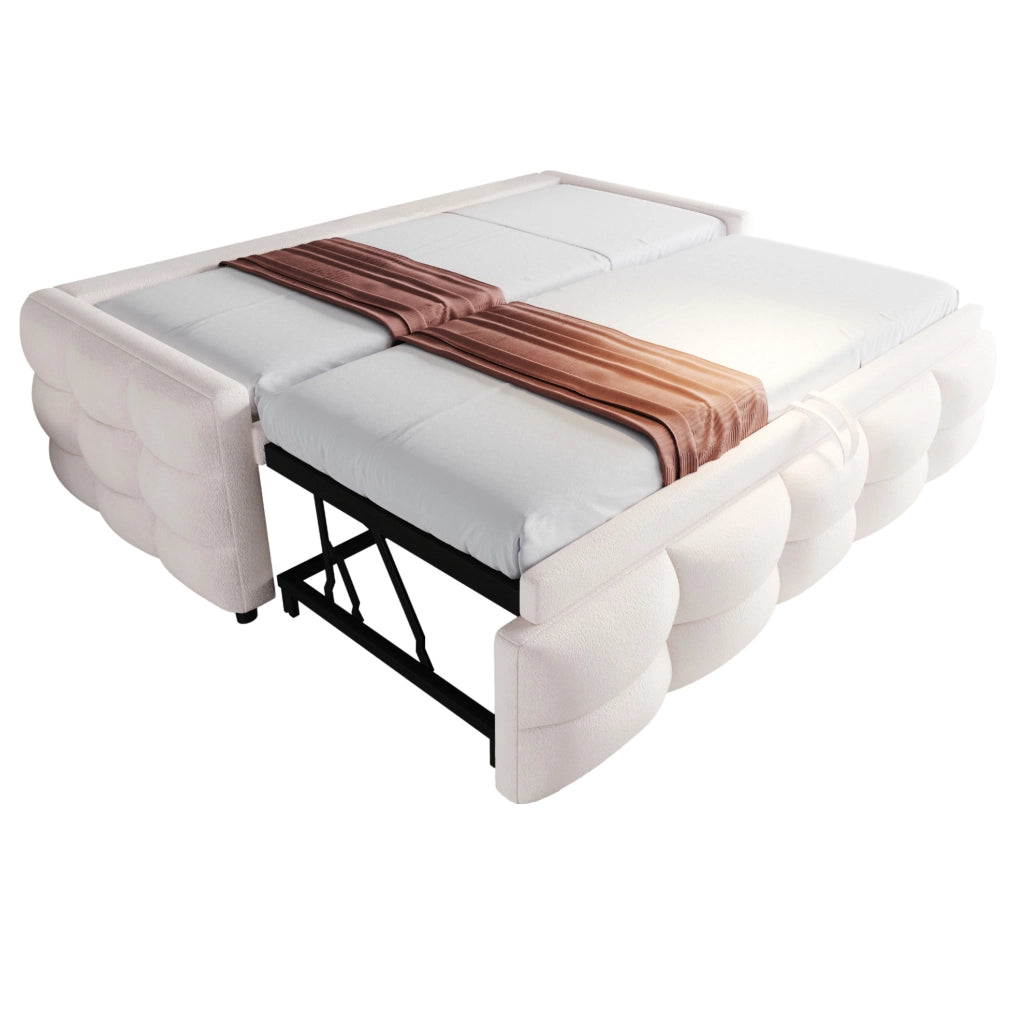 Letto singolo estraibile 90/180x190 in tessuto teddy beige con rete a doghe， trasformabile in letto matrimoniale salvaspazio， senza materasso
