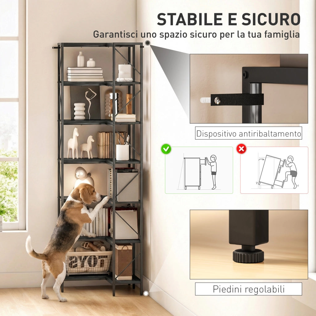 Libreria ad Angolo a 7 Ripiani, Scaffale Industriale, Effetto Legno Nero