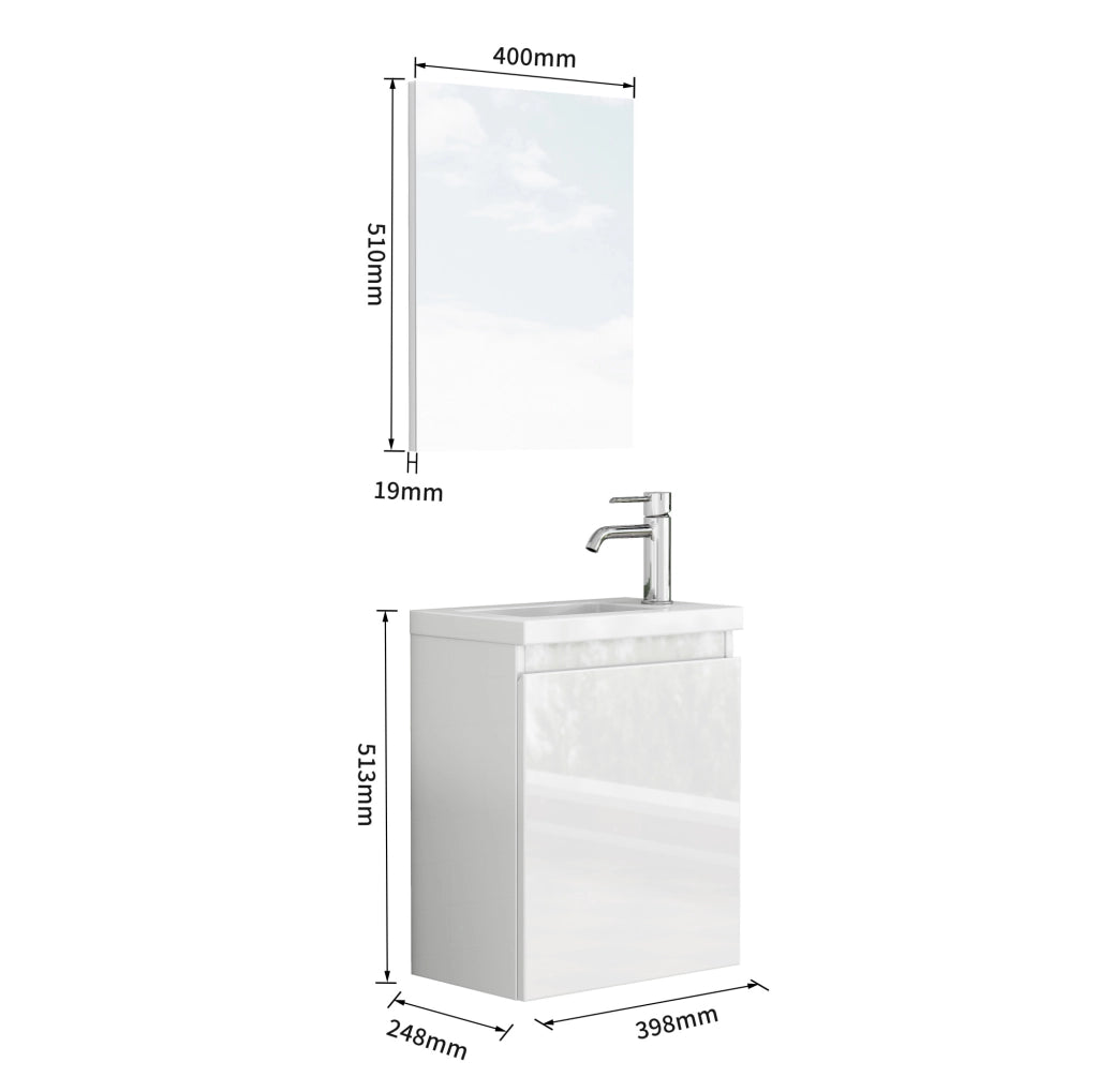 Mobile bagno sospeso 40 cm bianco lucido con lavabo in ceramica e specchio, design senza maniglie con cerniere ammortizzate, preassemblato