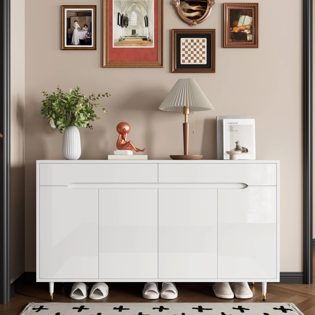 Mobile Scarpiera con 2 Ante e 2 Cassetti; Ripiani Regolabili; Piedini Dorati; Stile Moderno; in Pannello Truciolare; Bianco; 140??39??84 cm