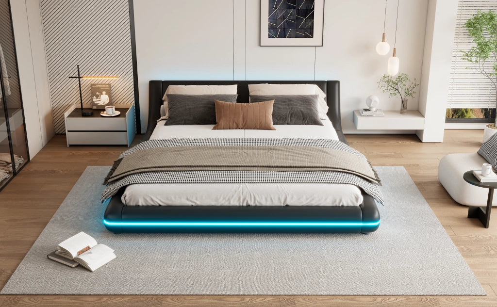 Letto 160 x 200 cm in PU nero, LED multicolore pilotata da app, per camera