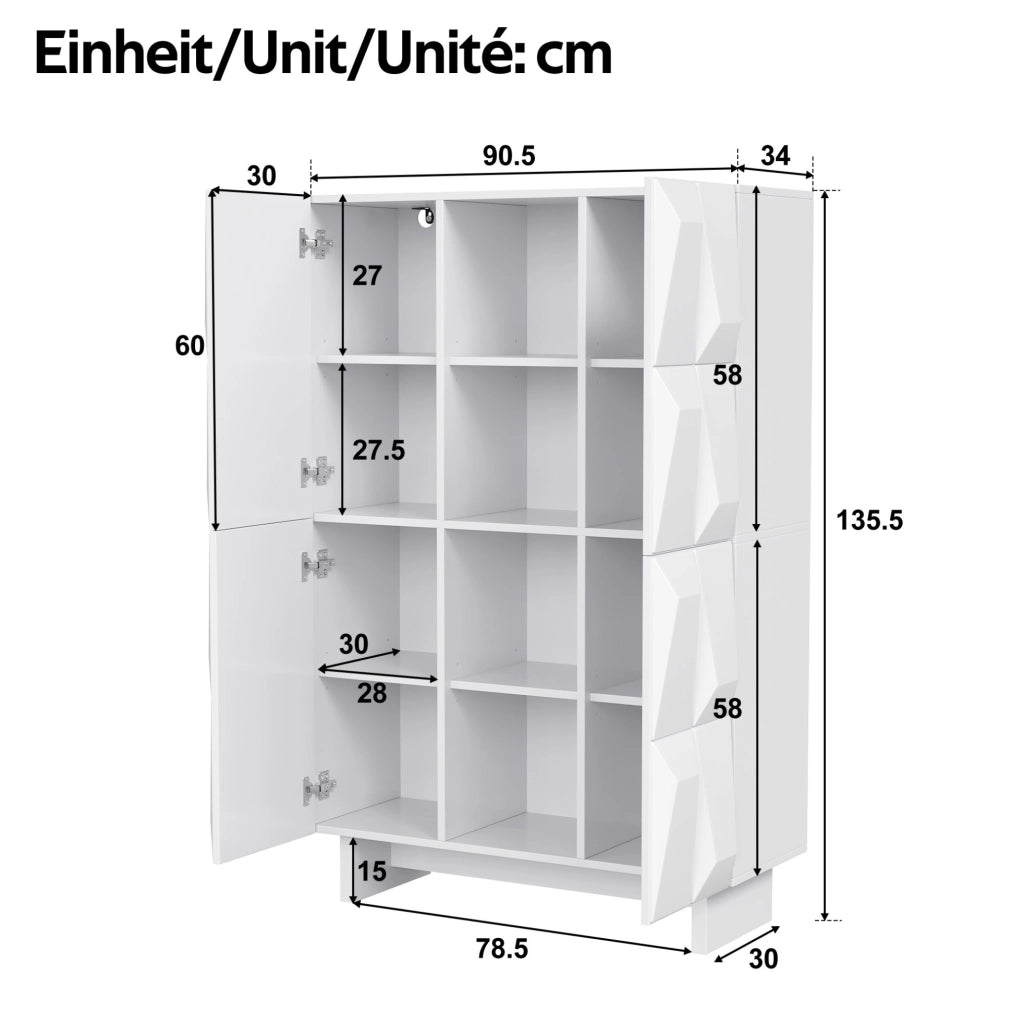 Vetrina scarpiera in truciolare 90;5x34x135;5 cm; 4 ante e 12 scomparti; bianco