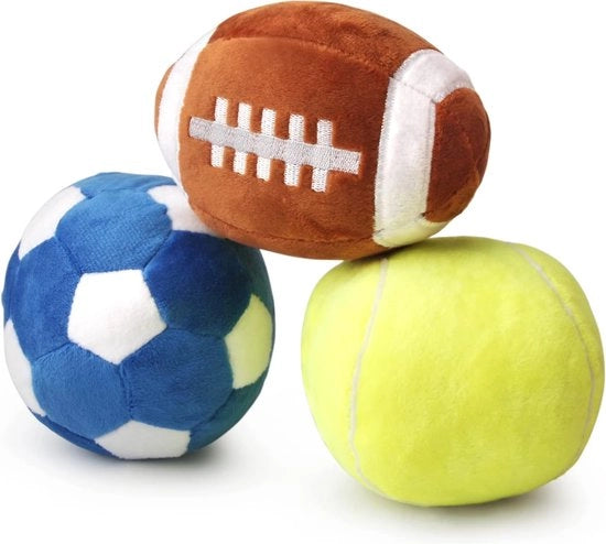 Giocattoli interattivi per cani piccoli e medi, pallone da calcio, palloni da calcio e tennis per cani, riempiti di giocattoli per cani soffici emettenti suoni, giocattoli da esterno per cuccioli, regali per cani compleanno