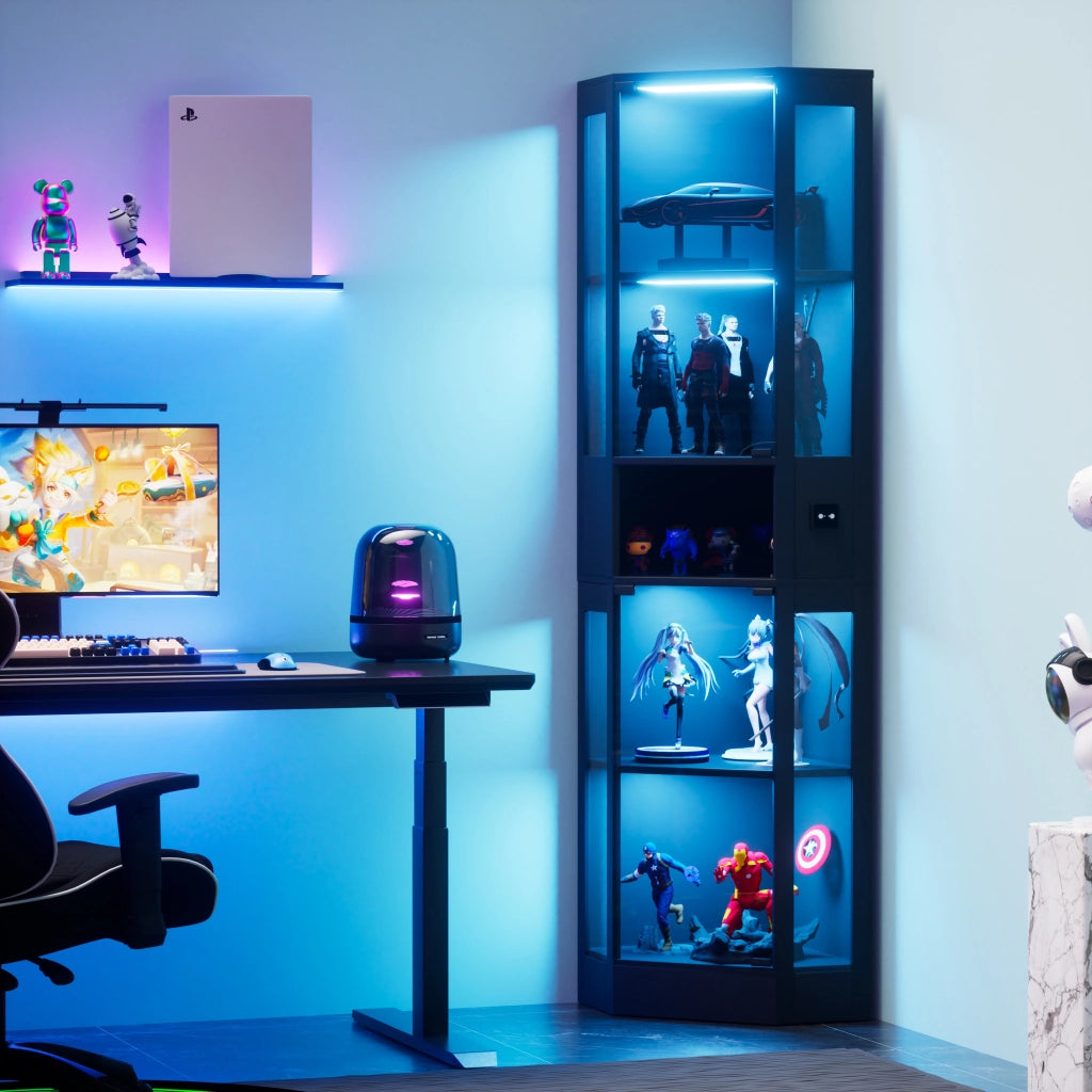 Vetrina a cinque ripiani, ante in vetro, illuminazione a LED, nero