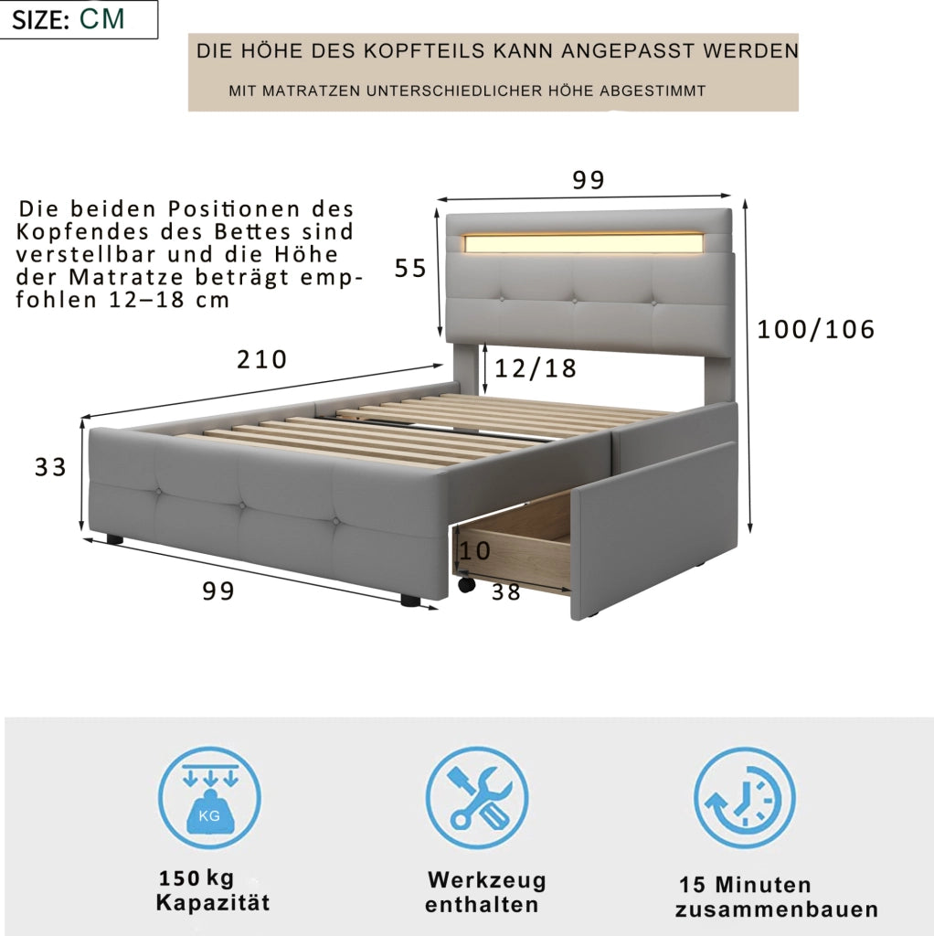 Letto imbottito 90x200 cm con LED e 2 cassetti; grigio