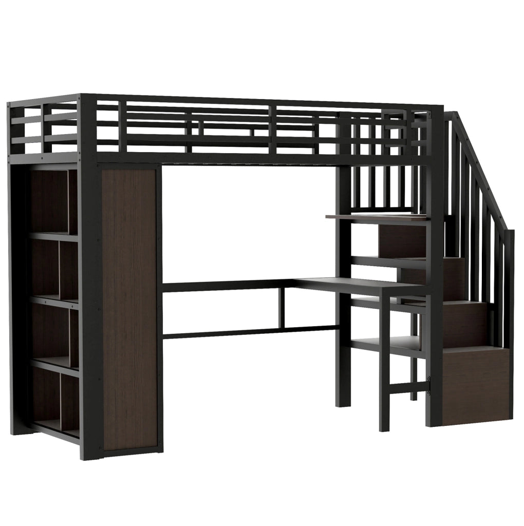 Letto a soppalco 90x200 cm con scrivania, LED e scale contenitore nero