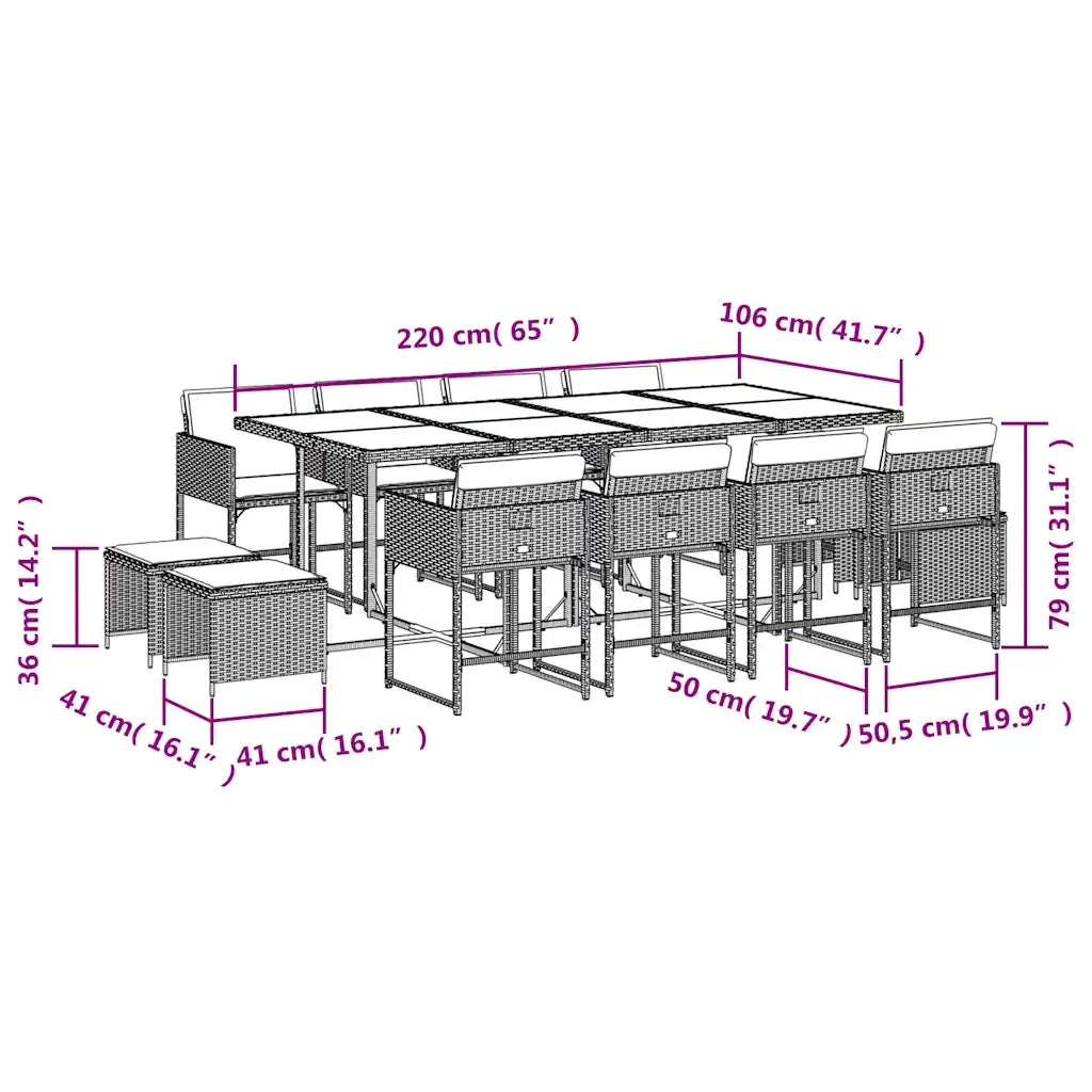 Set da Pranzo da Giardino 13pz con Cuscini Marrone Polyrattan
