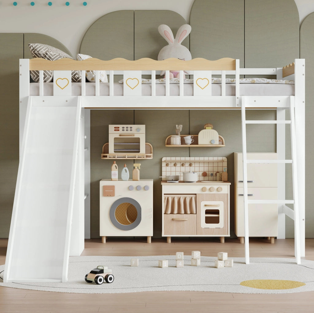 Letto a soppalco per bambini 90x200 cm con scivolo, armadio e ripiano bianco/naturale