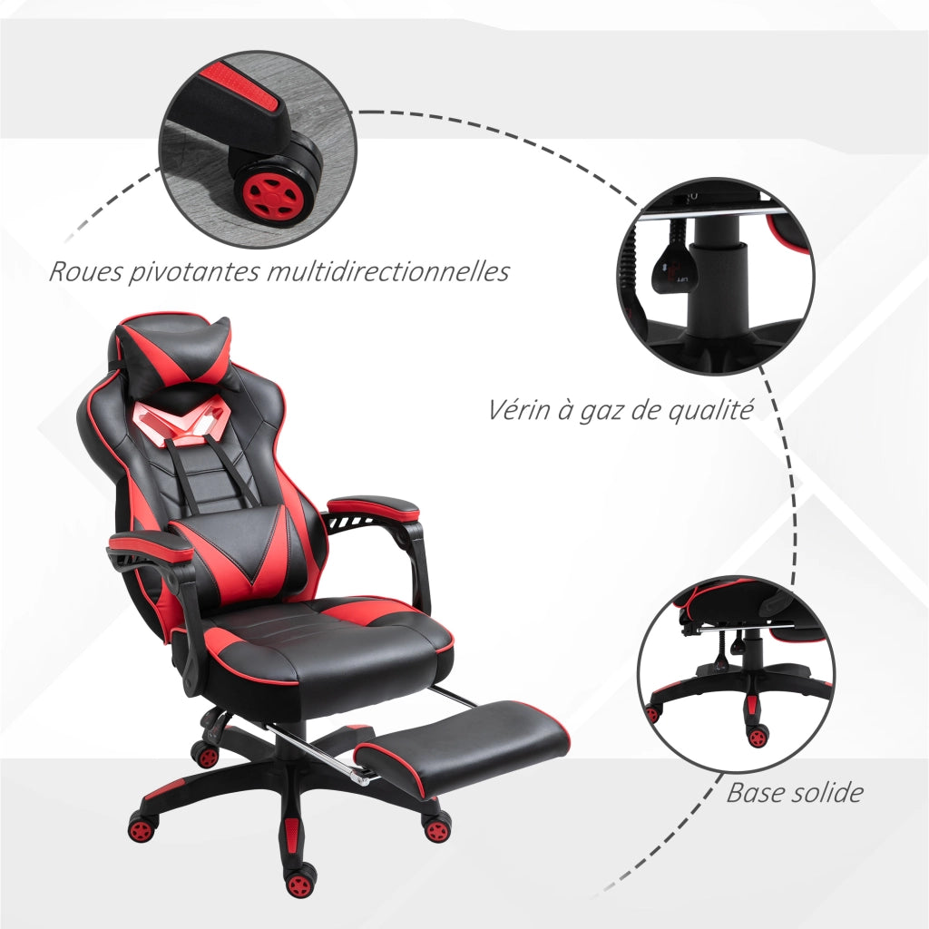 Sedia da Gaming Ergonomica Poltrona Ufficio con Poggiapiedi Estraibile Cuscini Poggiatesta e Lombare Regolabile Nero e Rosso