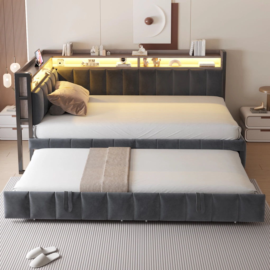 Divano letto estraibile 90x200 cm con LED, USB e USB-C in velluto grigio scuro