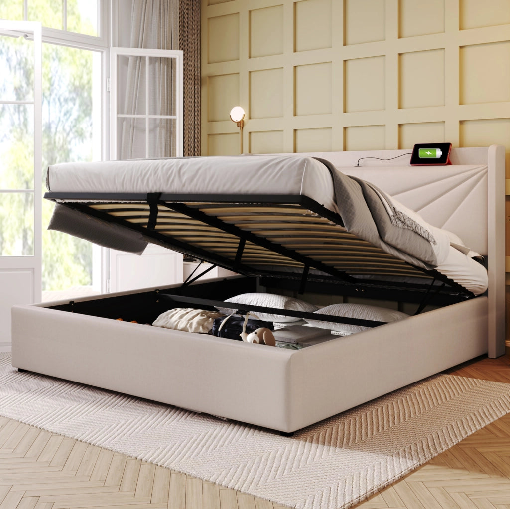 Letto matrimoniale 180x200 cm in lino beige con contenitore integrato