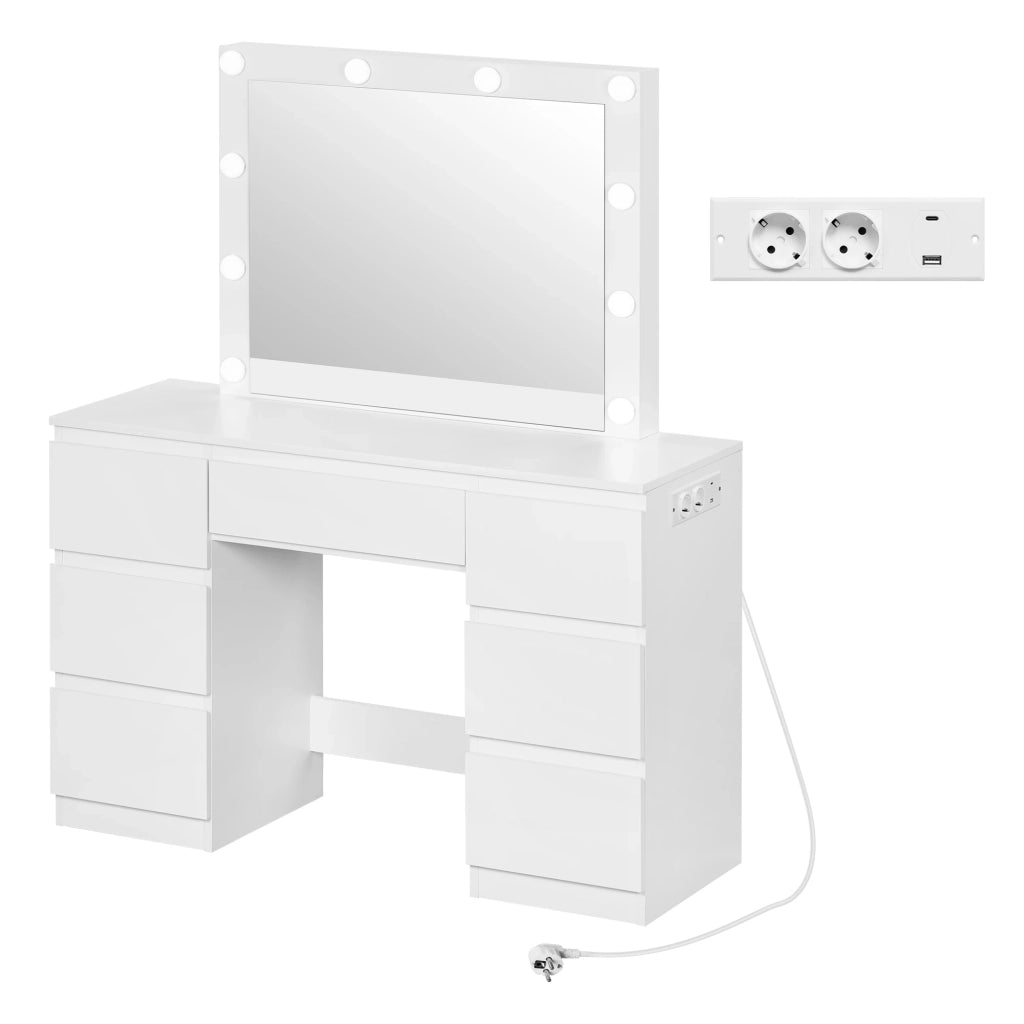 Toeletta con specchio LED dimmerabile, 7 cassetti e prese integrate in legno, bianca, 110 × 39,5 × 140,5 cm