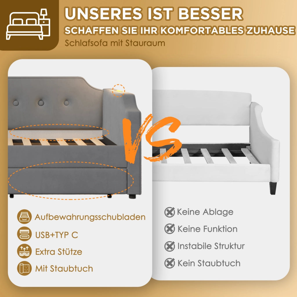 Letto divano 90×200 cm singolo con 2 cassetti; USB; Type-C e lampada da lettura; senza materasso; grigio