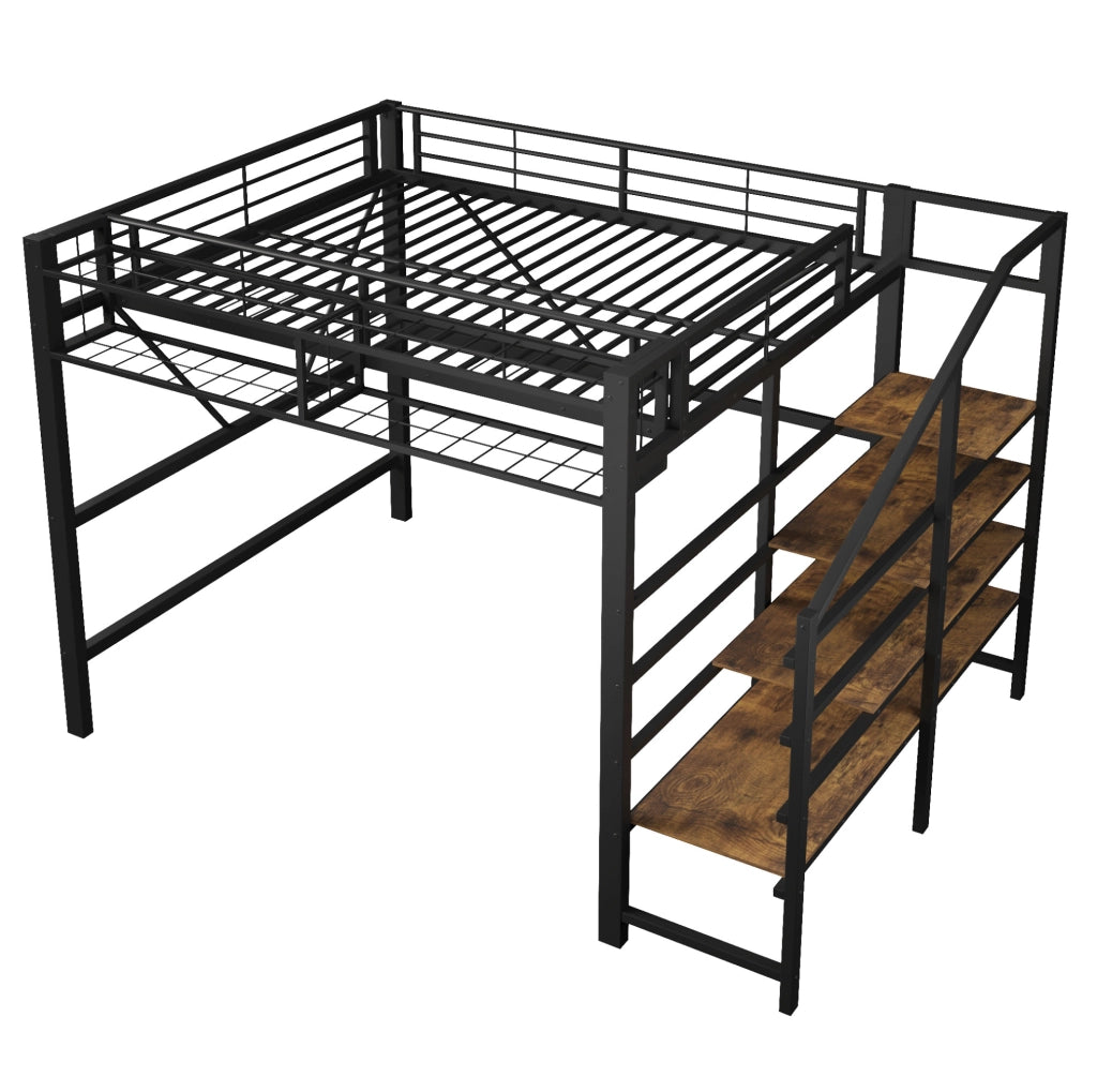 Letto a soppalco 140x200 cm con LED e scala a ripiani in metallo e MDF nero