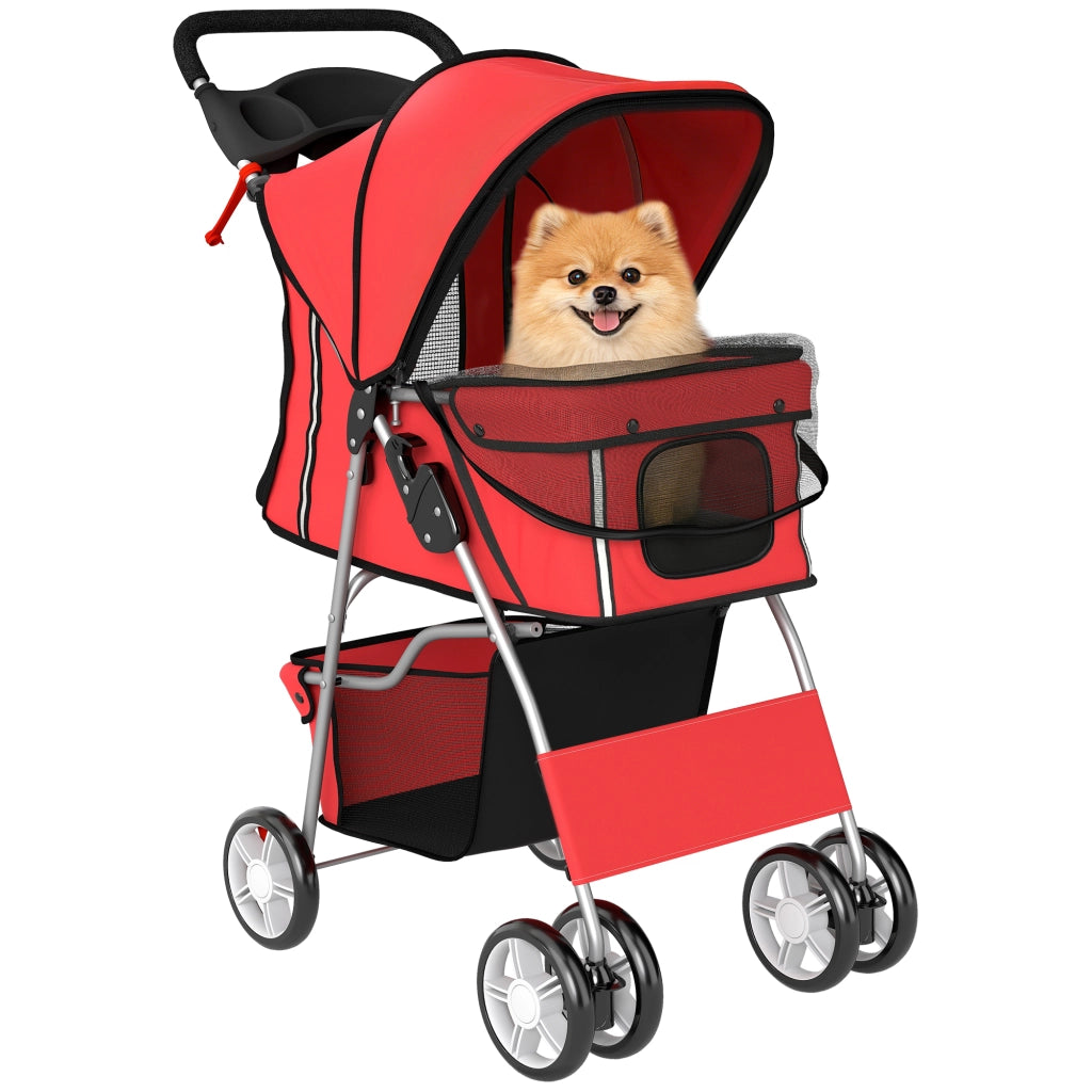 Passeggino per Cani Pieghevole con Catarifrangenti, Ruote Girevoli, Freni e Cuscino Lavabile, Rosso