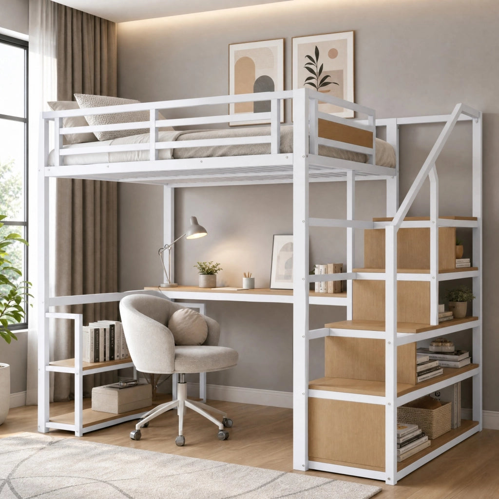 Letto a soppalco in metallo 140x200 cm con scrivania, scaffali e scala contenitore, bianco