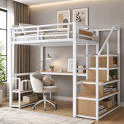 Letto a soppalco in metallo 140x200 cm con scrivania, scaffali e scala contenitore, bianco