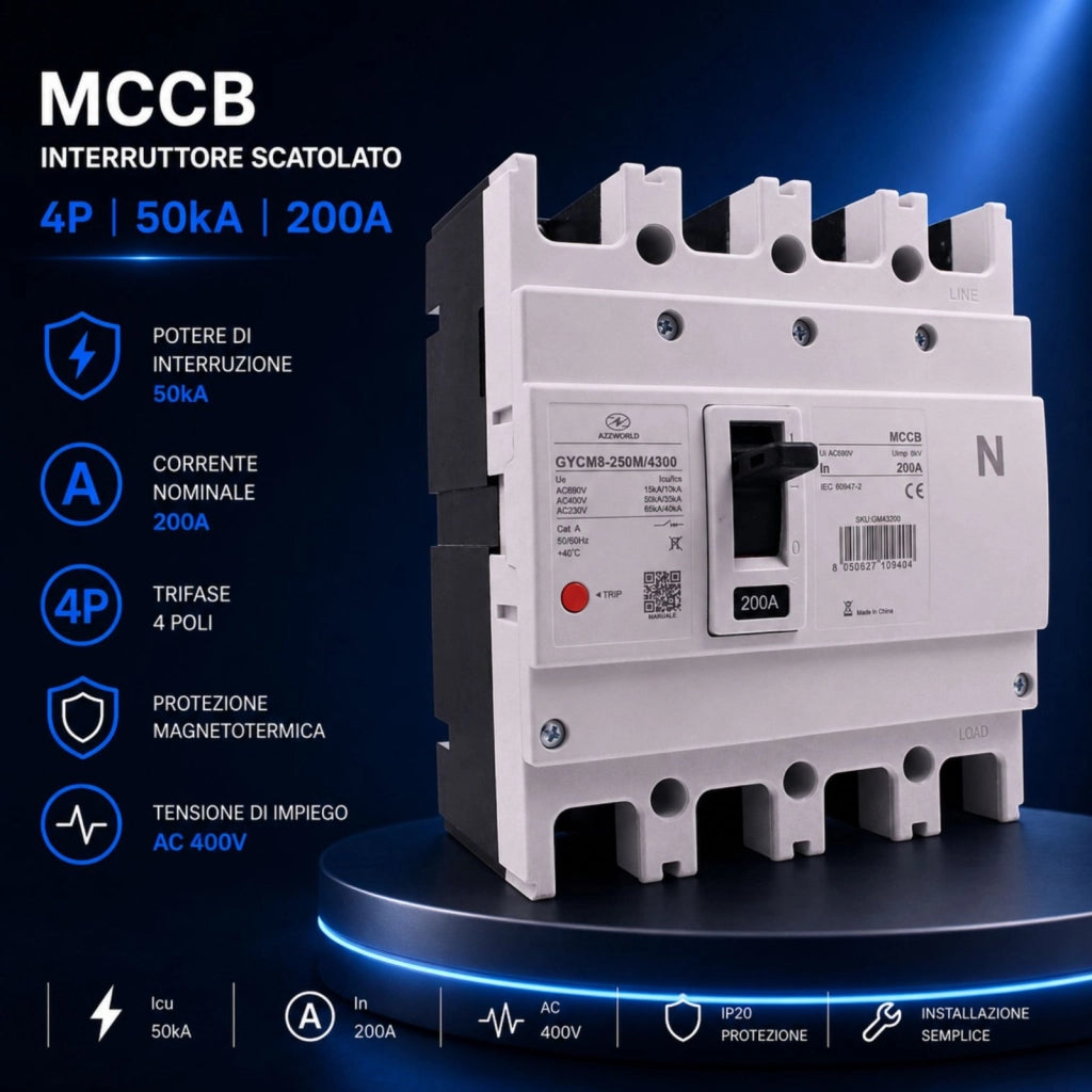 Interruttore Scatolato MCCB 4P 200A/250A 50kA, Magnetotermico Trifase AC 400V (200A)