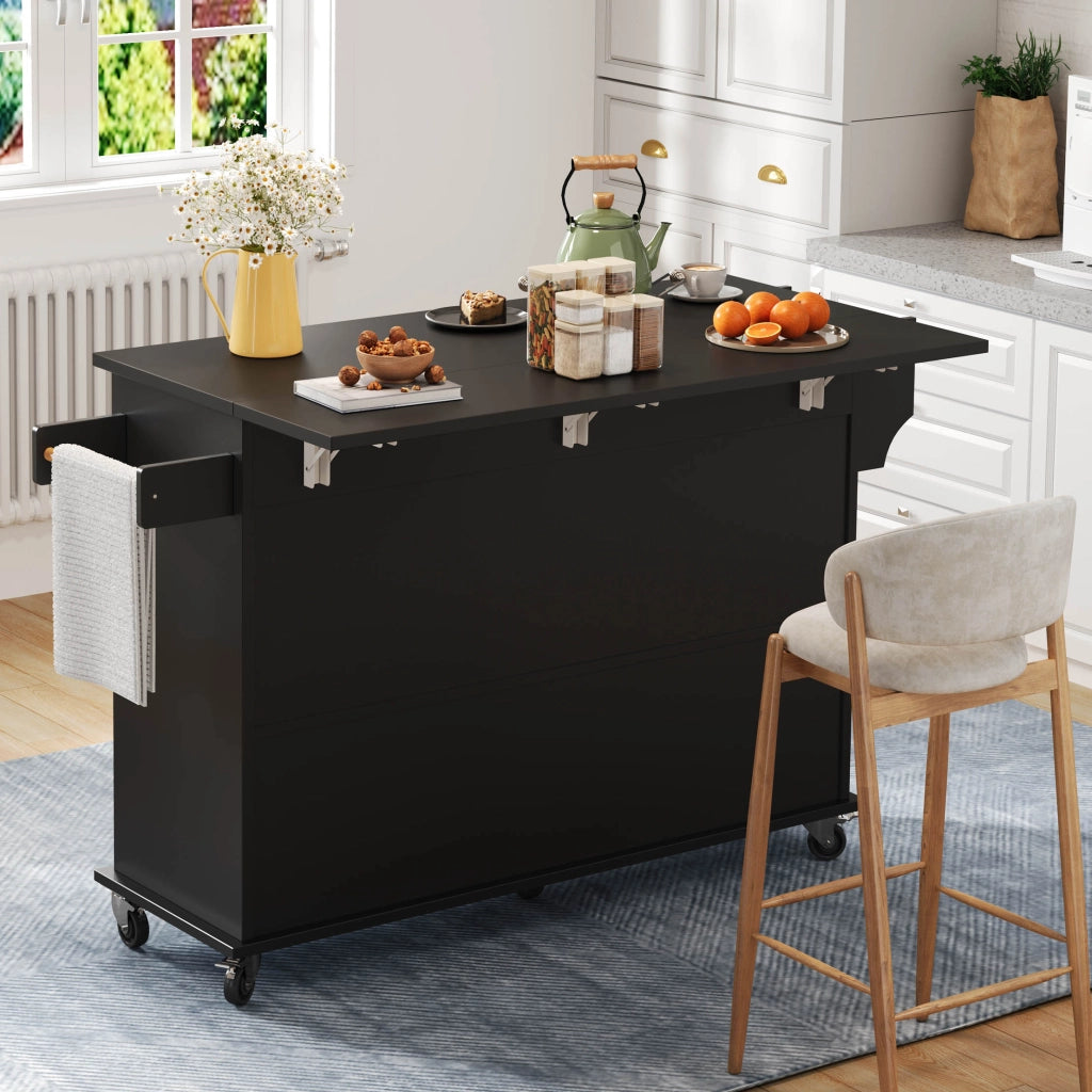 Carrello da cucina con piano pieghevole; 4 ante; ripiani regolabili e ruote in MDF nero