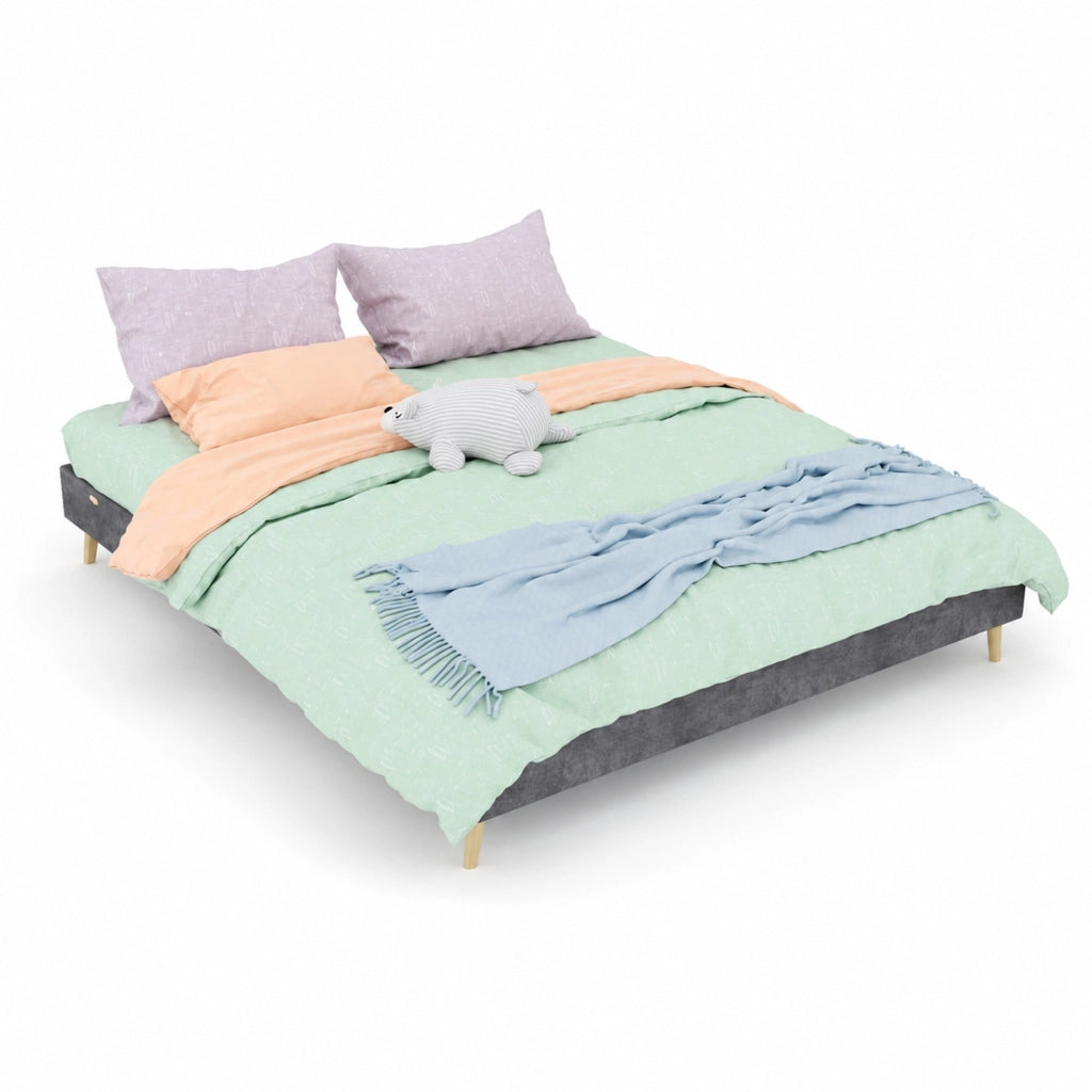 Letto 160 × 200 cm rivestito in tessuto grigio con rete a doghe e dettagli geometrici