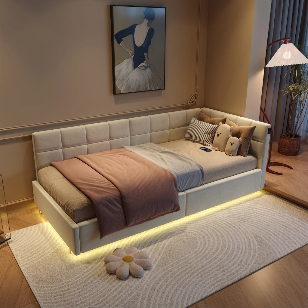 Letto angolare contenitore beige in velluto, con luci RGB, porte USB‑C, struttura idraulica, design moderno per camera da letto