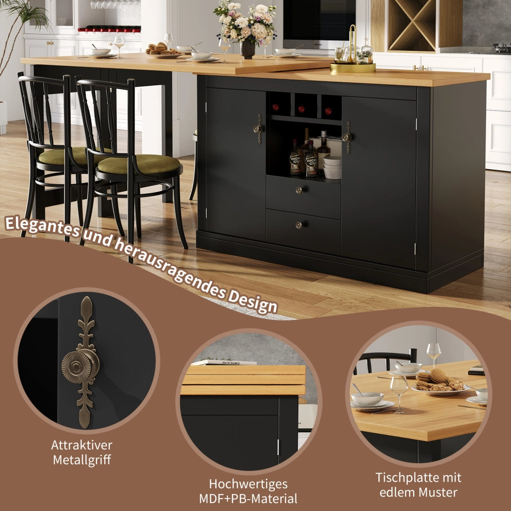 TAVOLO BAR ESTENSIBILE 120-180 CM MDF NERO CON RIPIANI E PORTABOTTIGLIE