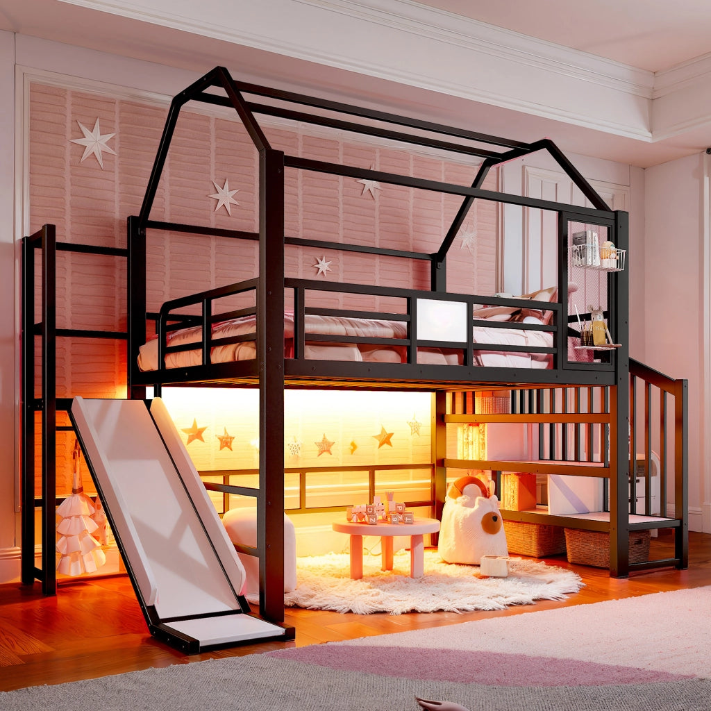 Letto a soppalco per bambini 140 × 200 cm con scivolo scala LED Bluetooth in MDF e metallo nero