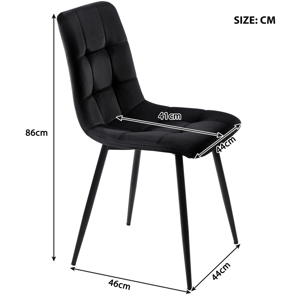 Set tavolo da pranzo rotondo 100 cm, piano MDF bianco e gambe metallo nero, con 4 sedie in velluto nero, 5 pezzi