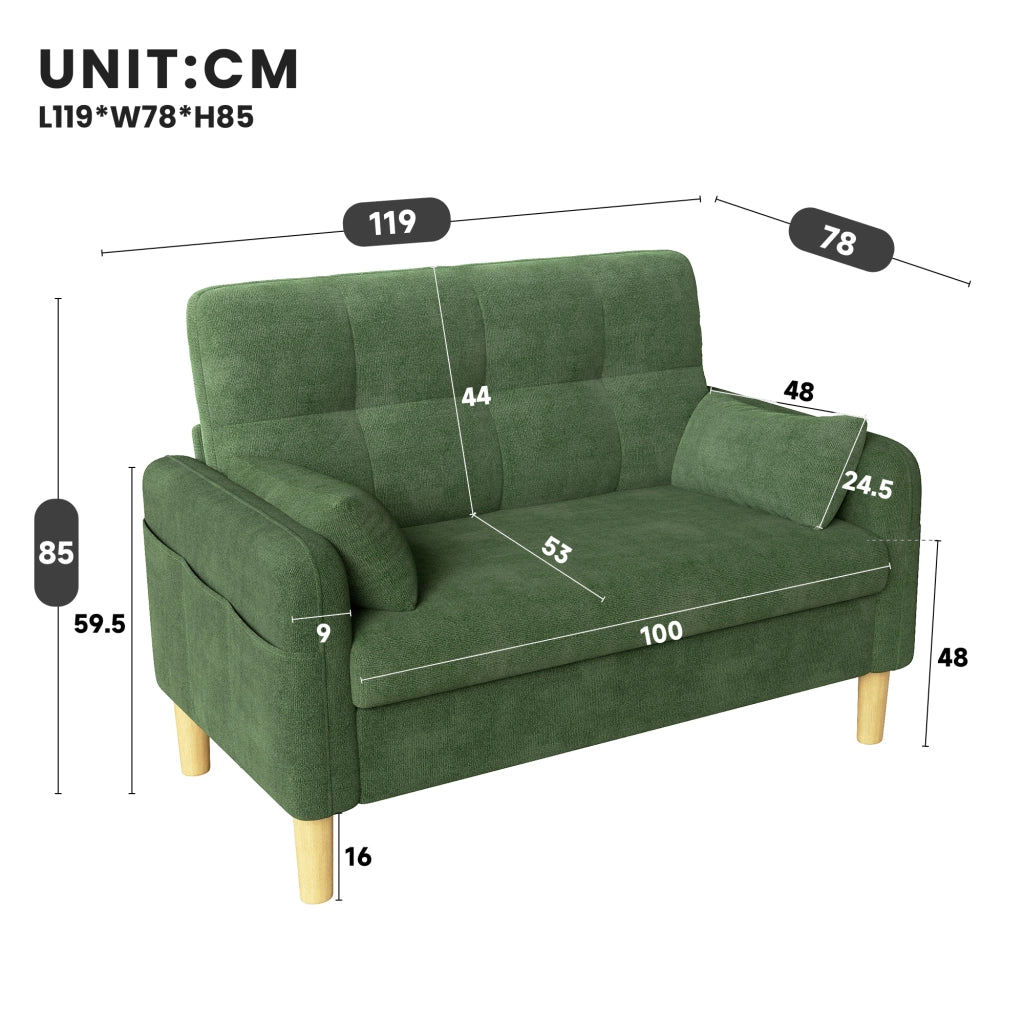 Divano 2 posti 119x78x85 cm in ciniglia verde con 2 cuscini e tasca laterale