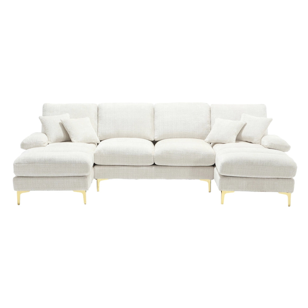 Divano modulare a sezioni Chenille a forma di U con doppi poggiatesta, struttura in legno, piedi in metallo oro, 272x136x88 cm