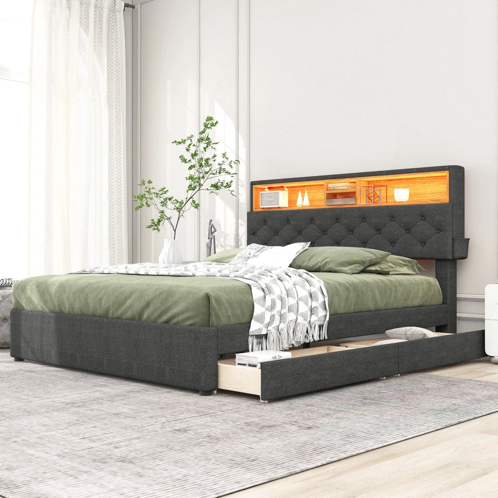 Letto imbottito con USB, LED, 2 cassetti e testiera regolabile, 140x200 cm, grigio