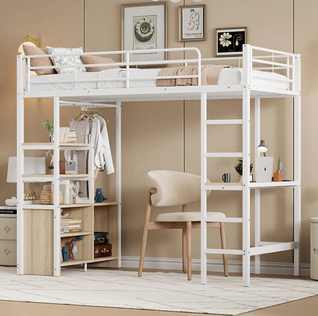 Letto a soppalco 90x200 cm con scrivania, ripiani e presa USB, bianco