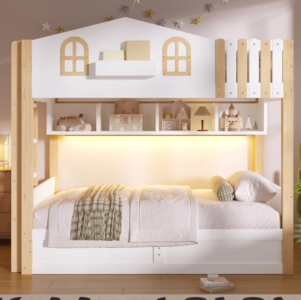 Letto a castello a casetta 90x200 cm con contenitore idraulico e LED