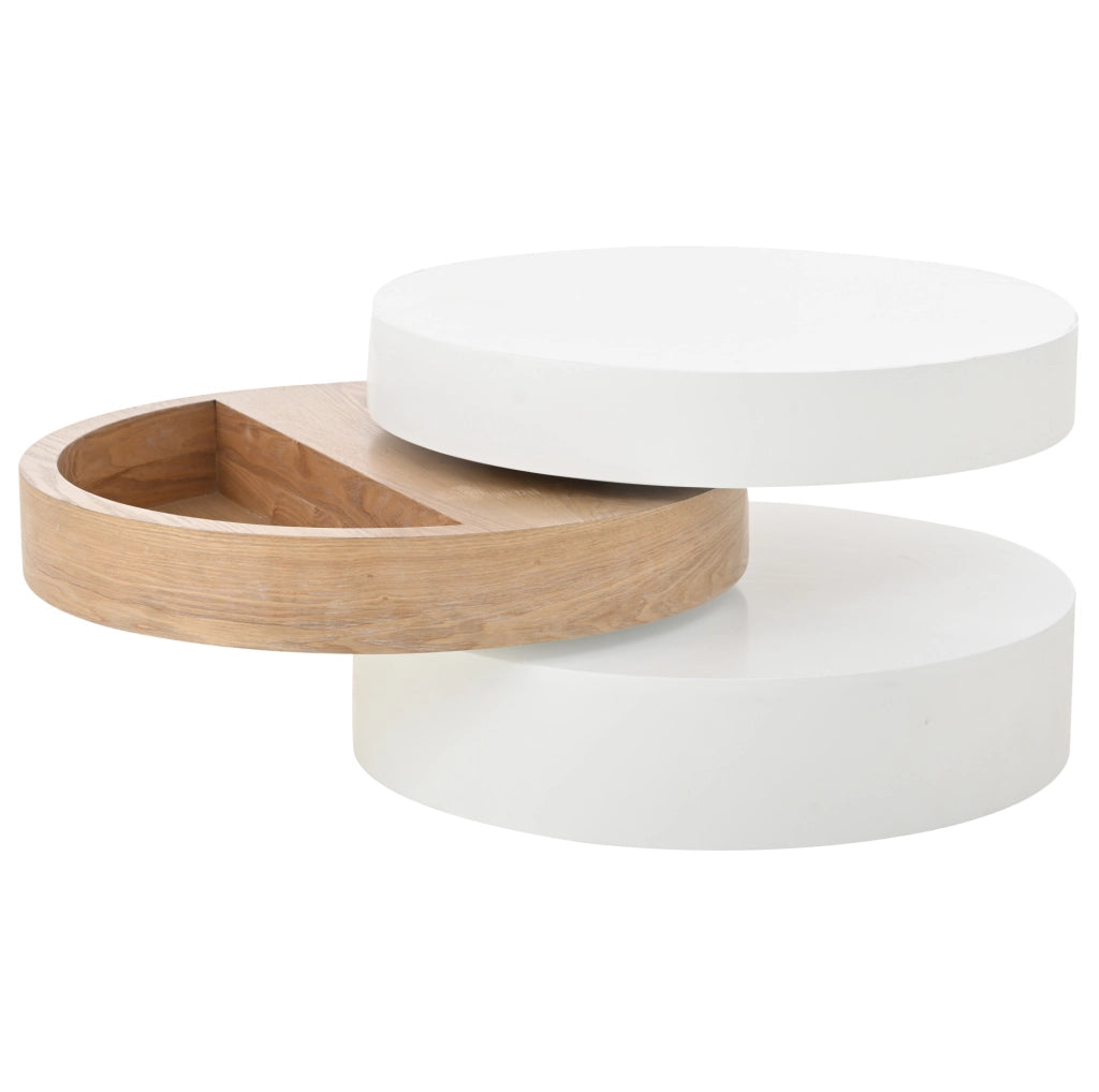 Tavolino da salotto rotondo girevole 360° 60x60 cm con vano contenitore bianco e legno naturale HOMVRA