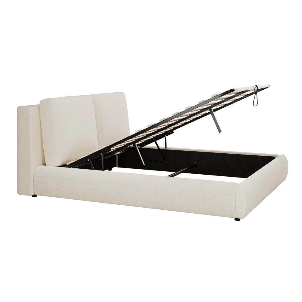 Letto matrimoniale imbottito YEAVIO 180x200 cm con contenitore, rete a doghe e testiera in bouclé beige