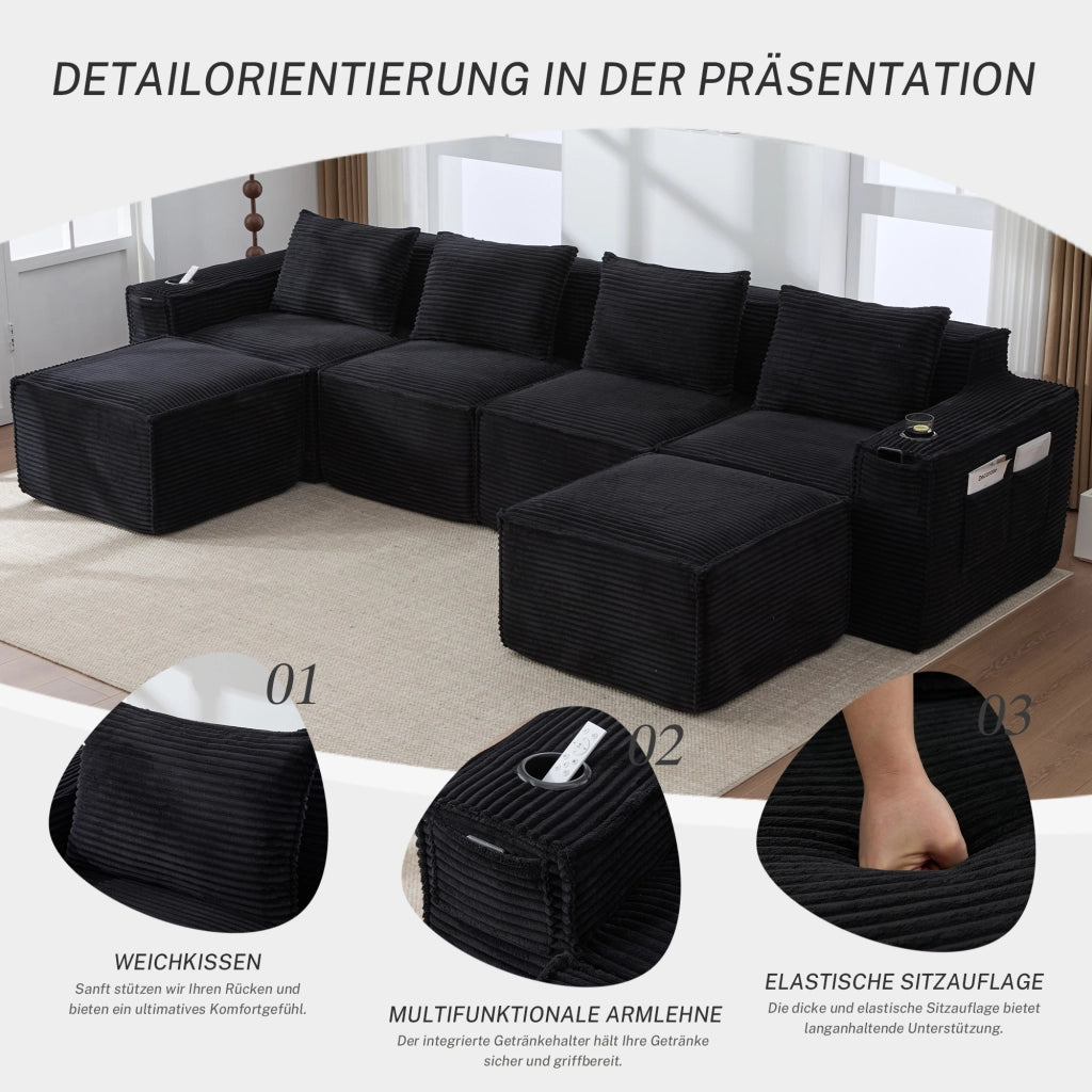 Divano modulare 4 posti con 2 pouf; portabevande e tasche in velluto a coste nero