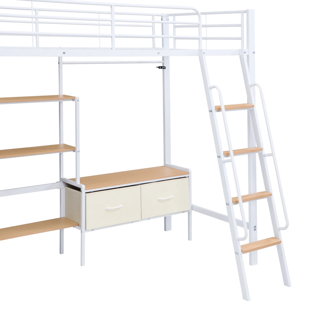Letto a castello in ferro bianco e MDF 90x200 cm con scrivania, scaffale e 2 scatole tessili