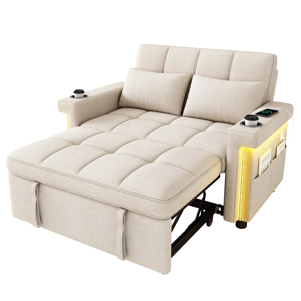 Divano letto 2 posti con LED, USB e USB-C, schienale regolabile in ciniglia beige